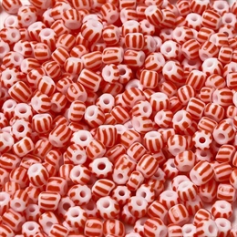 Seed beads, 6/0, rød/hvid stribet, 10 gram